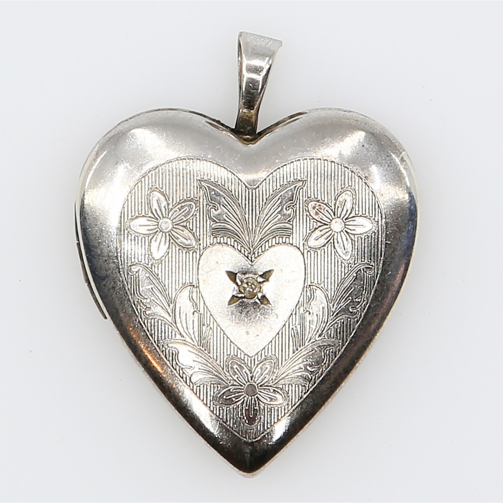 Vintage Sterling‎ Silver Heart Locket Diamond Accent PPC Photo Pendant 1960s